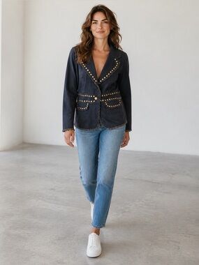 Maggie Sweet Jacket Black Washed Cotton Studs Lace Accents Western Jacket
